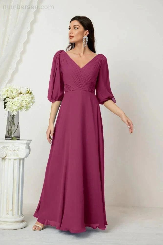 ZapDress Formal Prom Gown Women V-Neck Chiffon Bridesmaid Dresses Long Bishop Sleeve Party Dress 2807 (ZD17027)