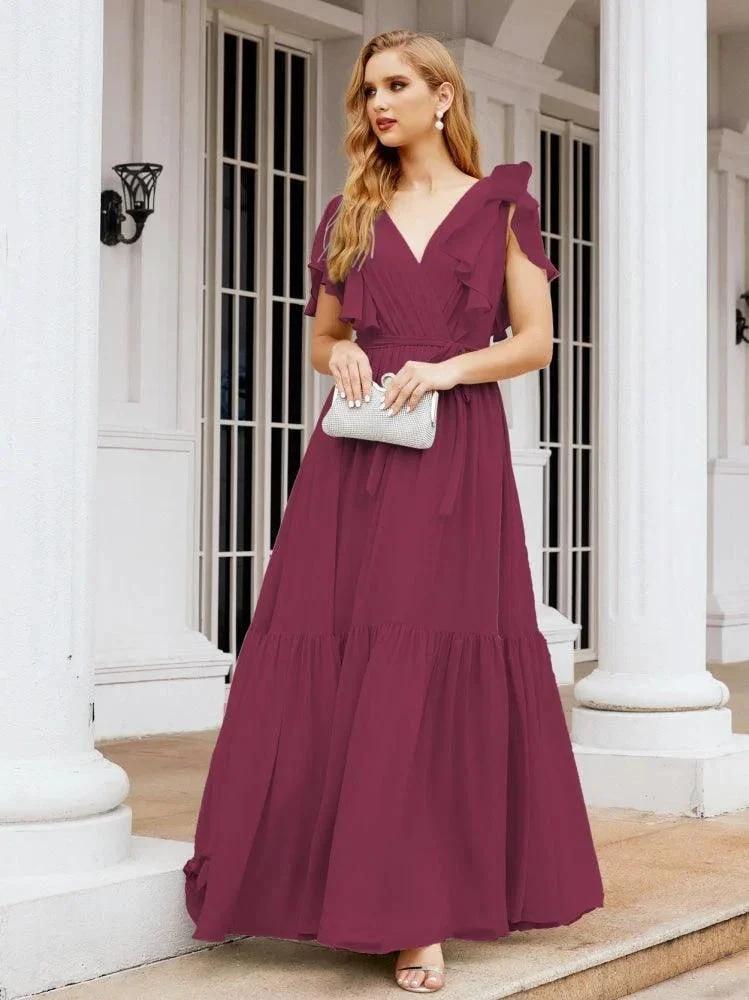 Numbersea Women's Open Back Formal Evening Party Prom Gowns V-Neck Long Chiffon Bridesmaid Dresses with Waist Belt 28038 by numbersea