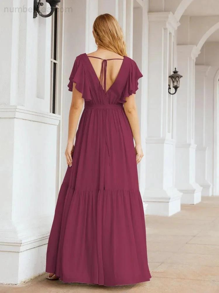 ZapDress Women's Open Back Formal Evening Party Prom Gowns V-Neck Long Chiffon Bridesmaid Dresses with Waist Belt 28038 (ZD17000)