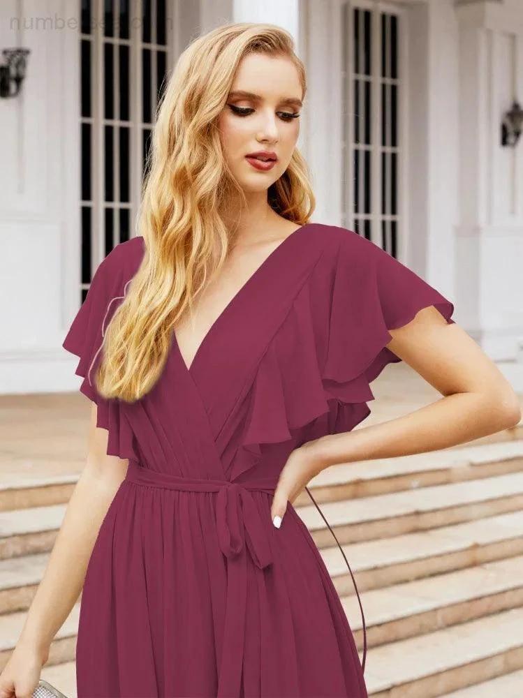 ZapDress Women's Open Back Formal Evening Party Prom Gowns V-Neck Long Chiffon Bridesmaid Dresses with Waist Belt 28038 (ZD17000)