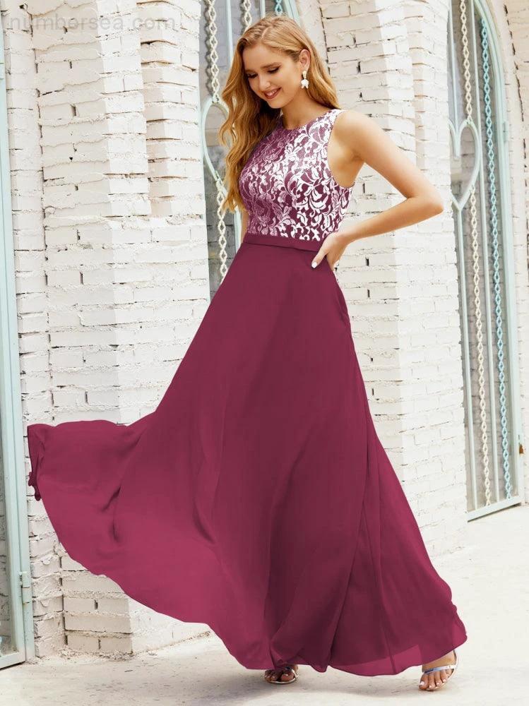 Lace Bridesmaid Dress Floor Length Evening Gowns with Pockets 28017 (ZD16964)