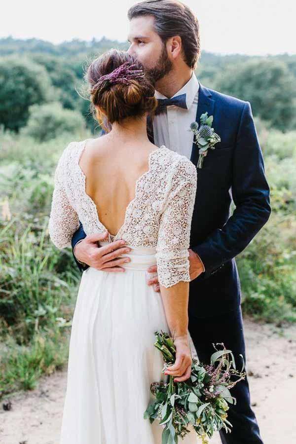 3/4 Sleeve See Through Backless Lace Chiffon Wedding Dresses (ZD16034)