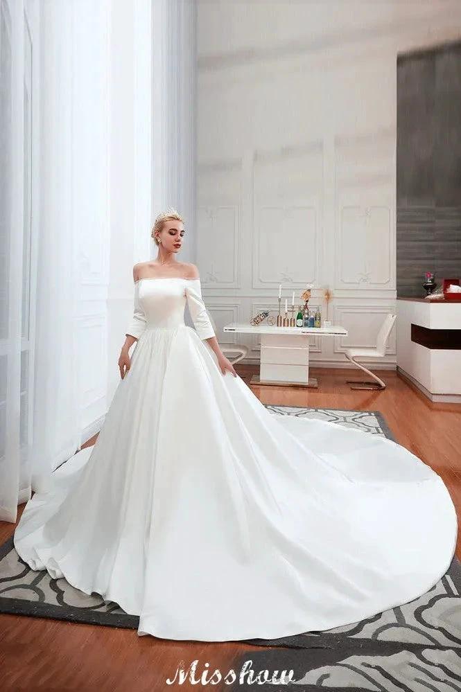 3/4 Sleeves Off-the-Shoulder Ball Gown White Aline Wedding Dress (ZD13983) - VelvetHem
