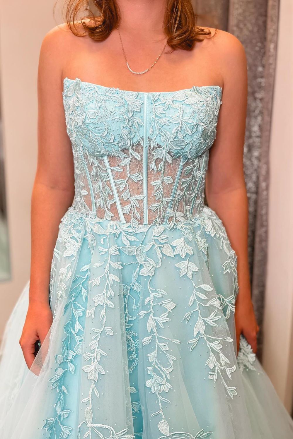 Stylish A Line Strapless Purple Corset Prom Dress with Appliques