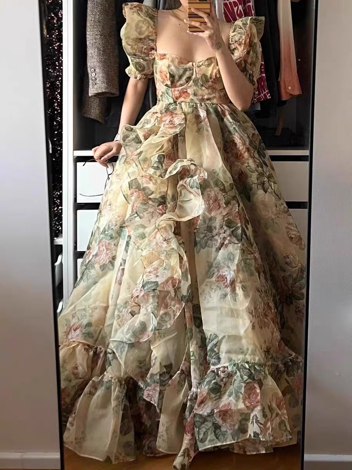 Chic Princess Square Neckline Floral Green Long Ruffles Prom Dresses Birthday Dress - View 5 | VelvetHem