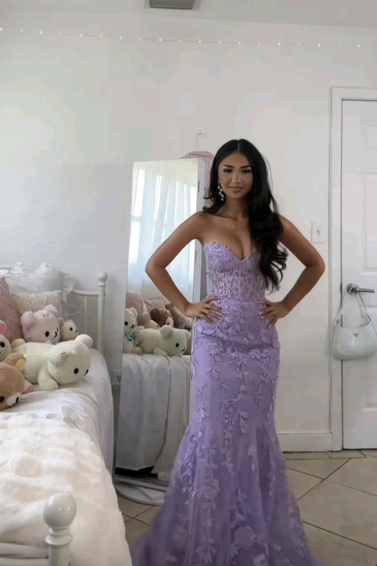 Elegant Tulle Appliques Lilac Prom Dress Long Mermaid Party Evening Dress - View 3 | VelvetHem