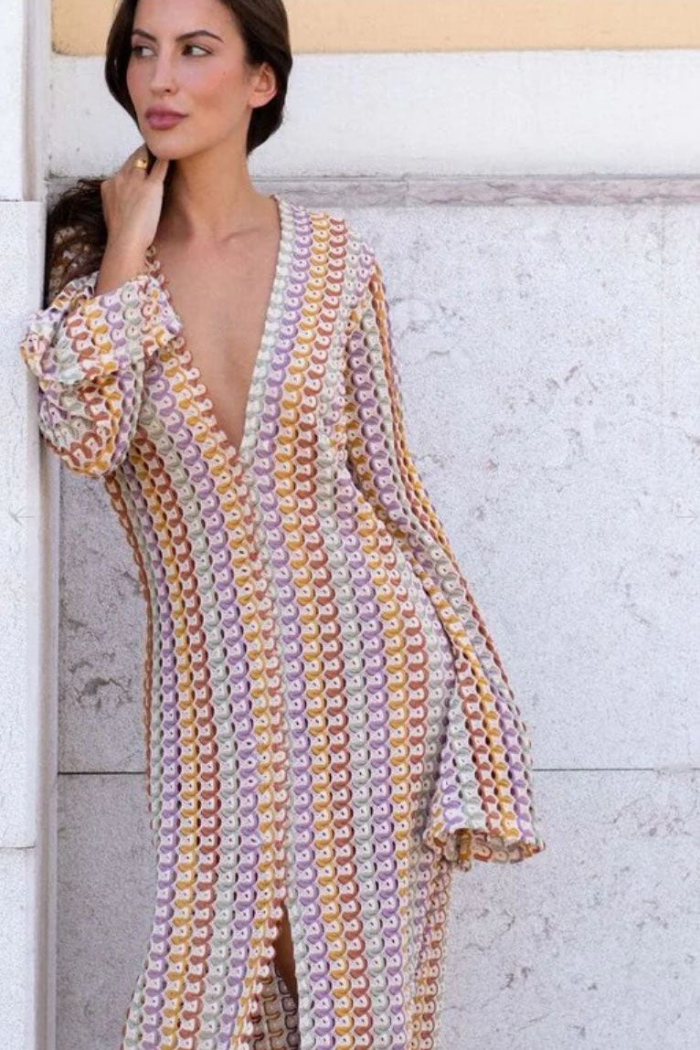 Pilar Chic Boho V Neck Bell Sleeve Maxi Dress, Wavy Striped Crochet Beach Holiday Dress Evening Wear Edit
