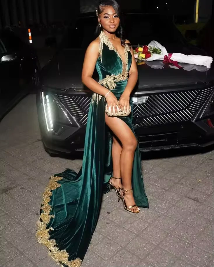 Sexy Green Velvet Prom Evening Dress Gold Applique Beaded Slit Black Girl Birthday Gown Y8122 - VelvetHem