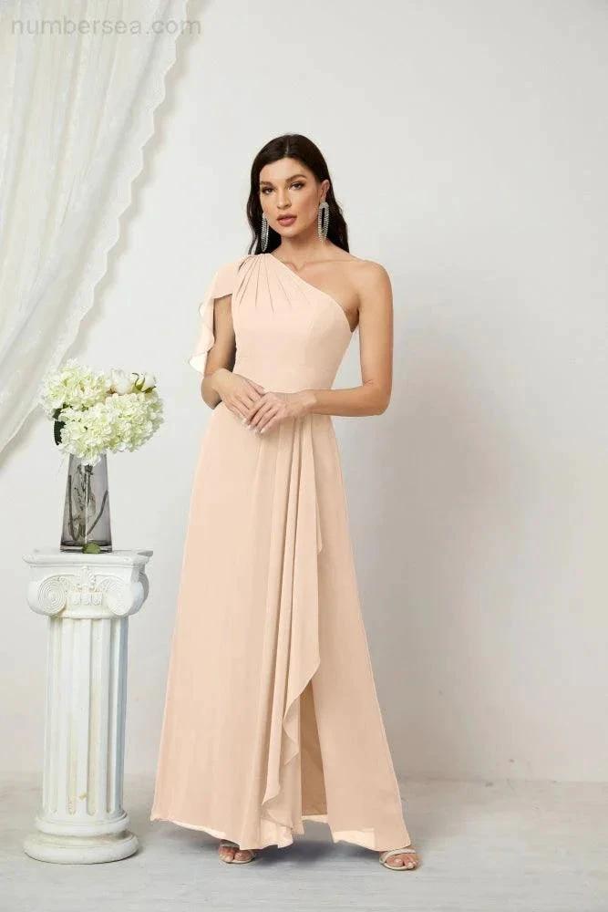 ZapDress Chiffon Ruffled One Shoulder Long Bridesmaid Dresses A-line Formal Evening Gown Side Split 2809 (ZD17049)