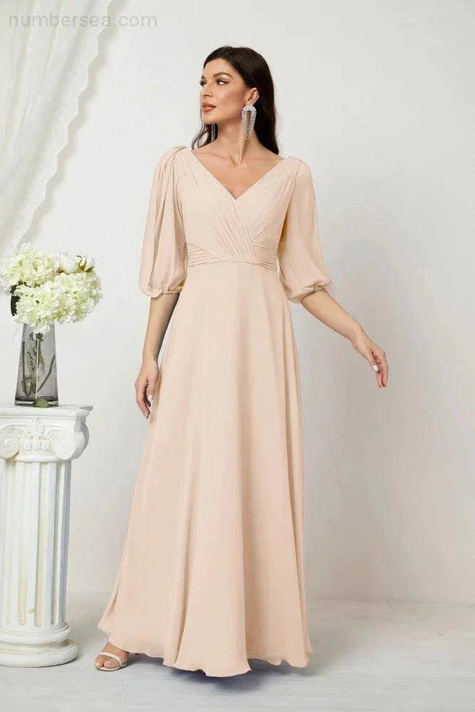 ZapDress Formal Prom Gown Women V-Neck Chiffon Bridesmaid Dresses Long Bishop Sleeve Party Dress 2807 (ZD17027)