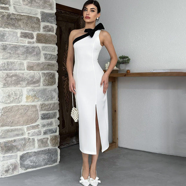 TARUXY Bow Skew Collar Sexy Split Maxi Dress Women's Contrast Color Sleeveless Elegant Club Evening Dress Splice Fashion Outfits - VelvetHem