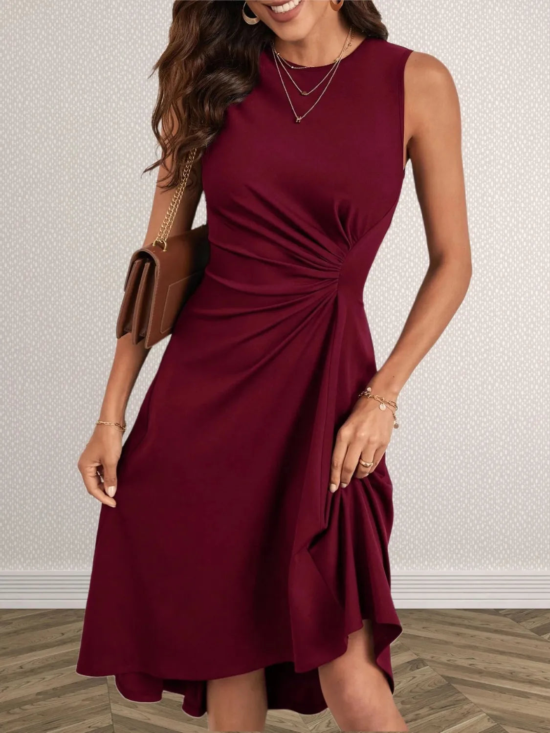Caroline Effortless Sleeveless Dress with Round Neck and Gathered Detail Everyday Luxe Edit