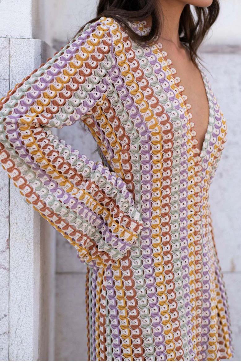 Pilar Chic Boho V Neck Bell Sleeve Maxi Dress, Wavy Striped Crochet Beach Holiday Dress Evening Wear Edit