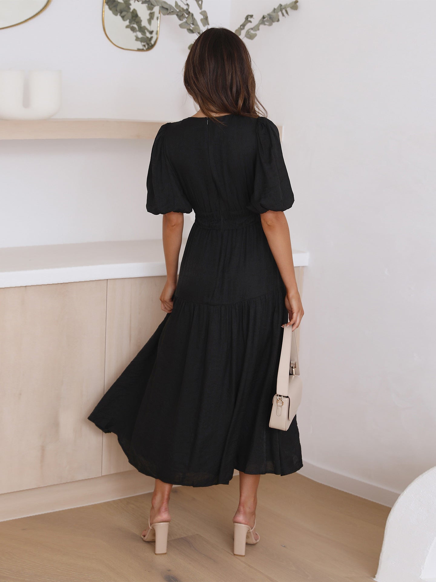 Claudia Exclusive Ruffle Midi Dress with V Neck and Puff Sleeves Premium Wardrobe Essential