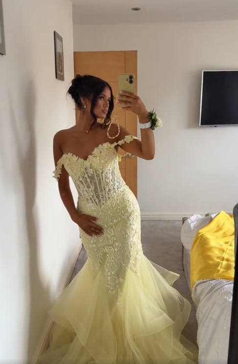 Yellow Mermaid Lace Evening Prom Dress, Long Party Formal Dresses fg7181 - View 3 | VelvetHem