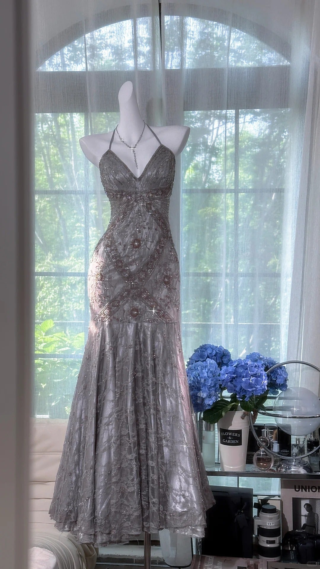 Vintage Silver-grey Mermaid Backless Beaded Lace Long Prom Dress Evening Dress - VelvetHem