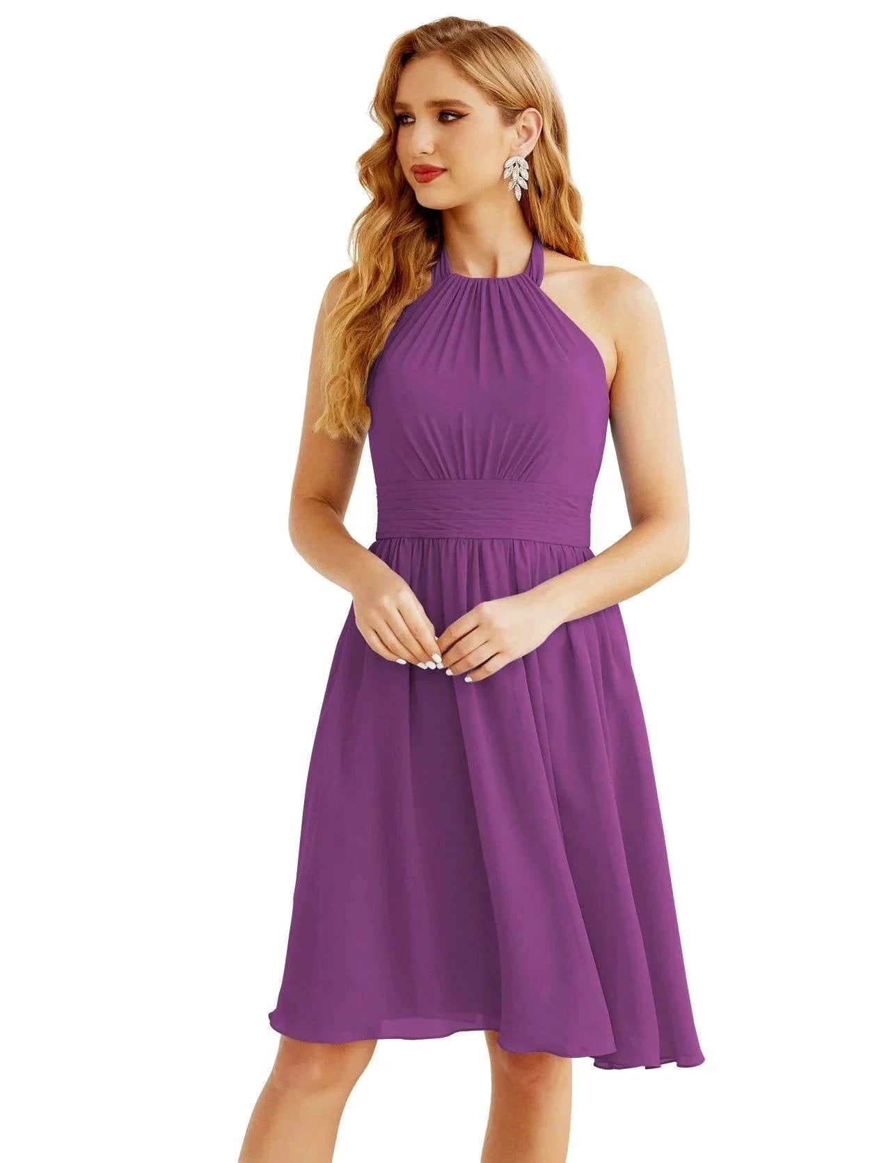 Numbersea Halter Chiffon Bridesmaid Dresses Short Sleeveless Formal Party Dress Open Back 28023 by numbersea