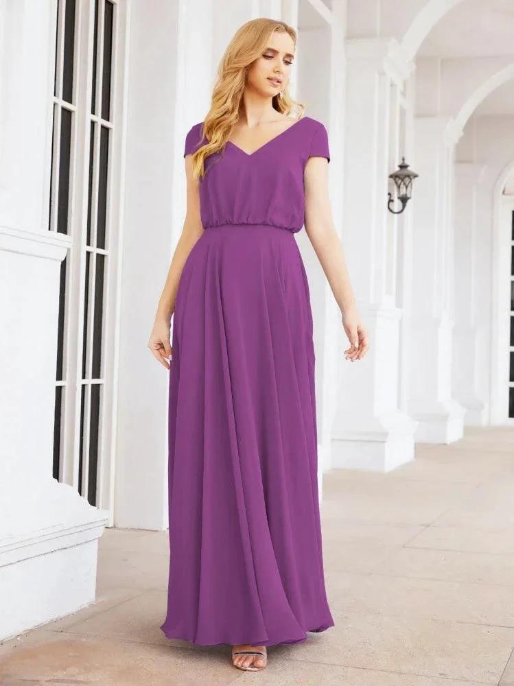 Numbersea V-Neck Bridesmaid Dresses Long Cap Sleeves Prom Evening Formal Gowns 28071 by numbersea