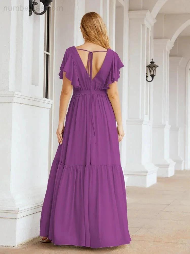 ZapDress Women's Open Back Formal Evening Party Prom Gowns V-Neck Long Chiffon Bridesmaid Dresses with Waist Belt 28038 (ZD17000)