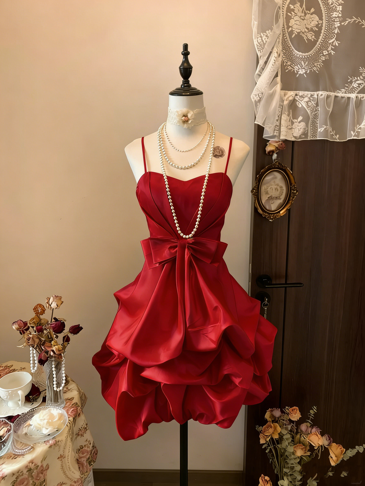 Vintage Yellow Spaghetti Straps Satin Pleated Short Prom Dress Formal Graduation Homecoming Dress - View 5 | VelvetHem