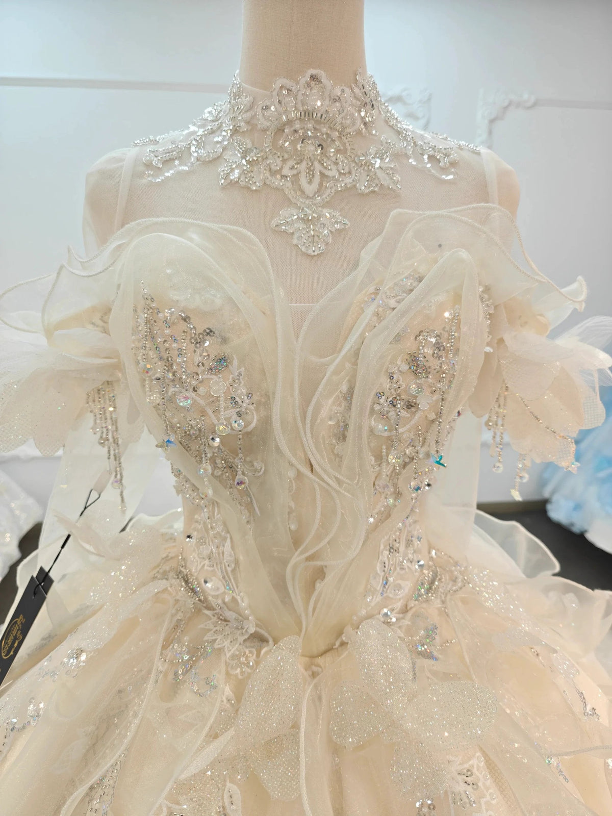 Exquisite High-Neck Tulle Ball Gown Wedding Dress with Crystal Embroidery & Ruffled Detachable Sleeves Ye-2022 by ZAPDRESS