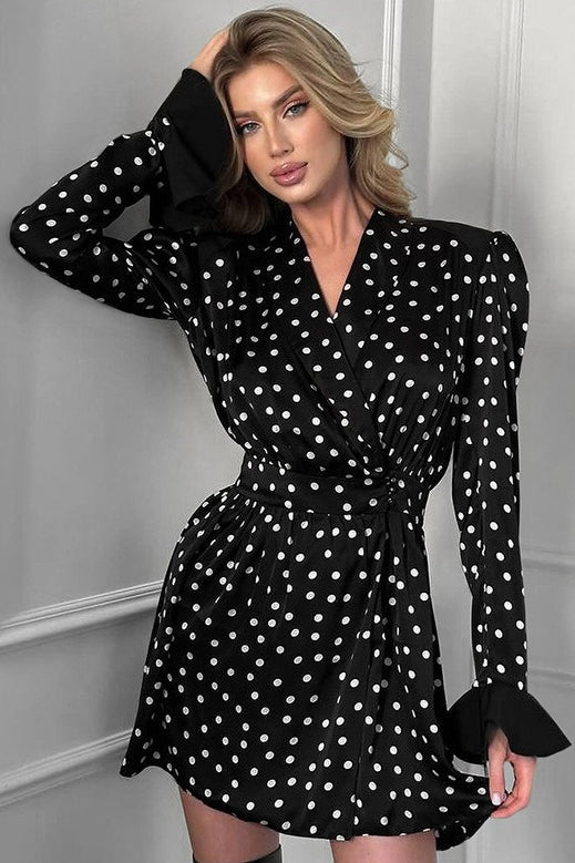 V Neck Puff Sleeve Polka Dot Mini Dress