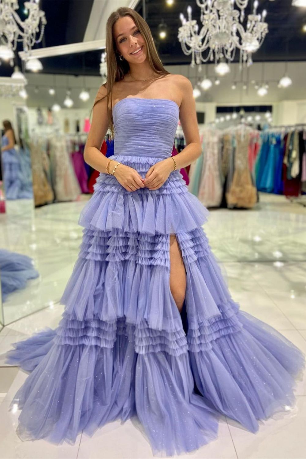 A Line Strapless Fuchsia Long Prom Dress with Ruffles