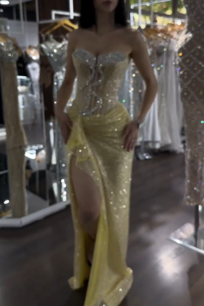 Glitter Strapless Yellow Sequin Beaded Mermaid Slit Evening Dress Formal Birthday Party Dress - View 4 | VelvetHem
