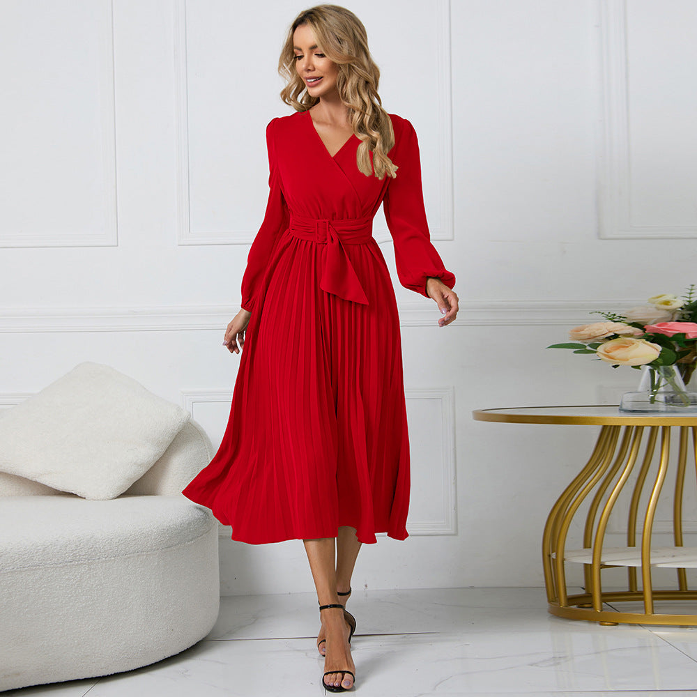 Guillermina Minimalist Pleated Midi Dress with a Crossover V Neck Designer Edit