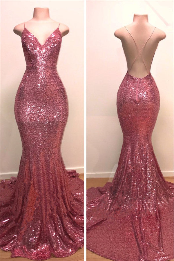 Open Back Spaghetti Straps V-Neck Mermaid Sequins Long Prom Dress - VelvetHem