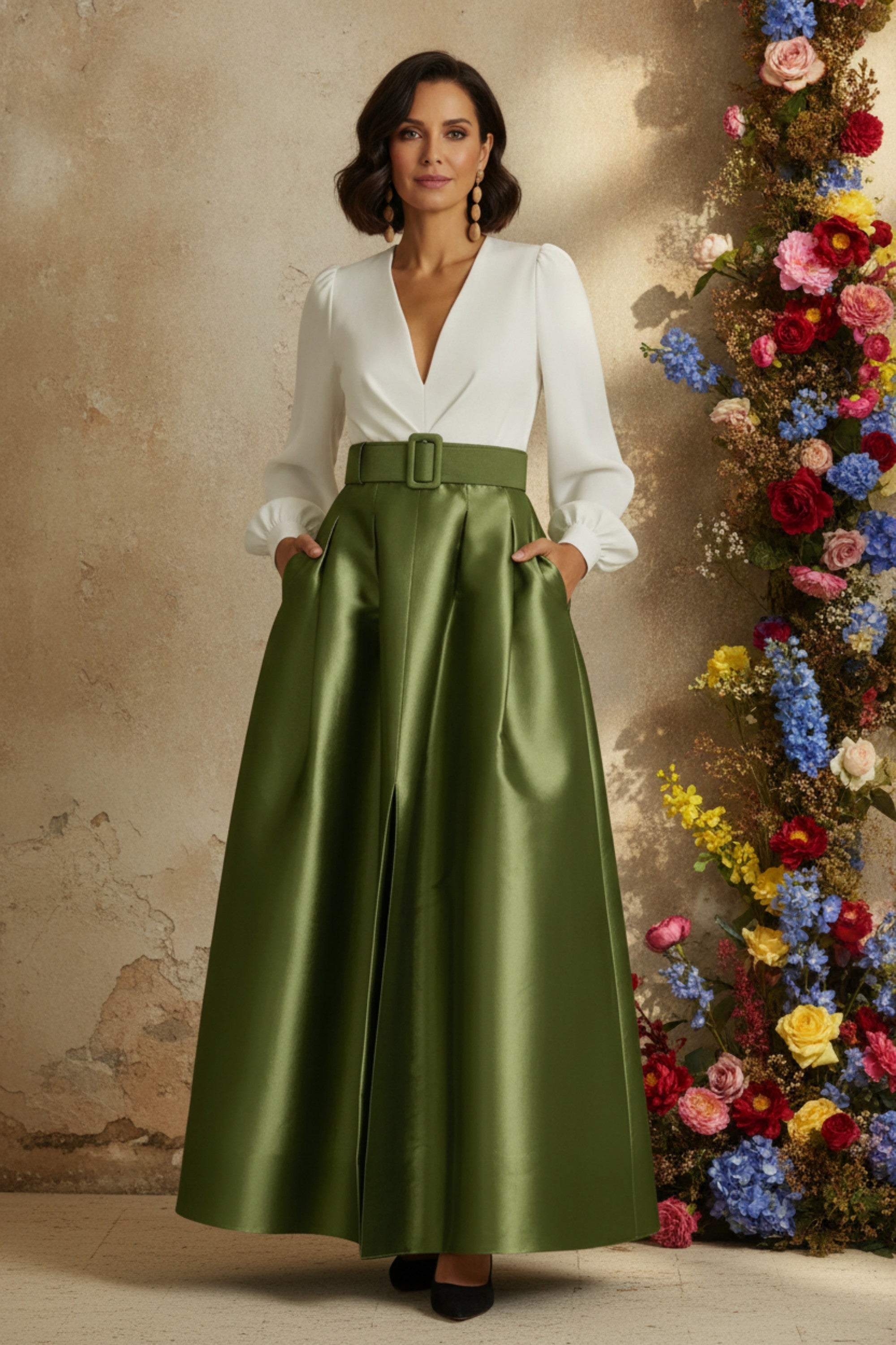 Elegant V-Neck Long Sleeve Gown with Belted Waist and Back Bow