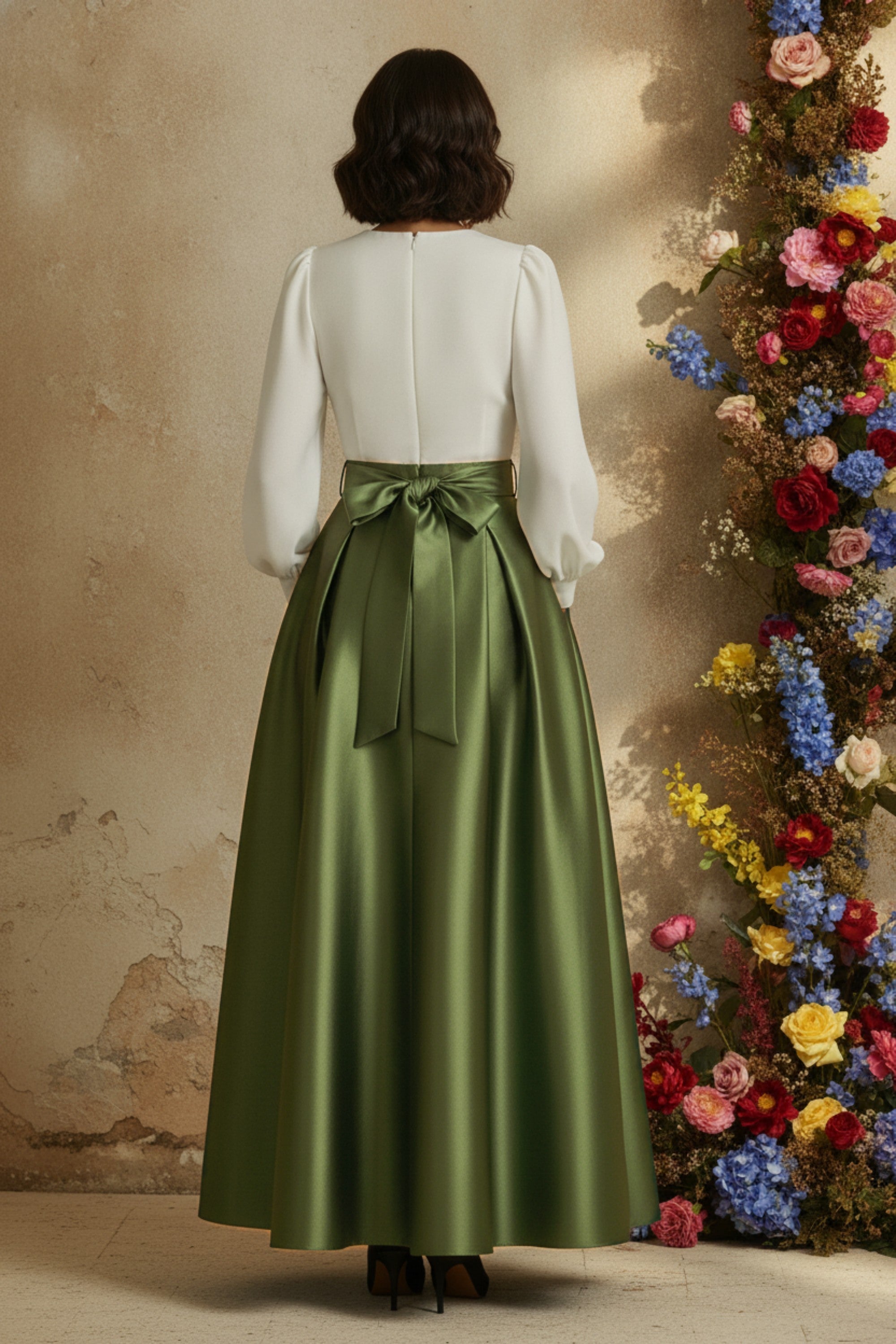 Elegant V-Neck Long Sleeve Gown with Belted Waist and Back Bow