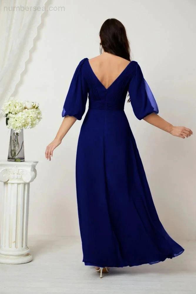 ZapDress Formal Prom Gown Women V-Neck Chiffon Bridesmaid Dresses Long Bishop Sleeve Party Dress 2807 (ZD17027)