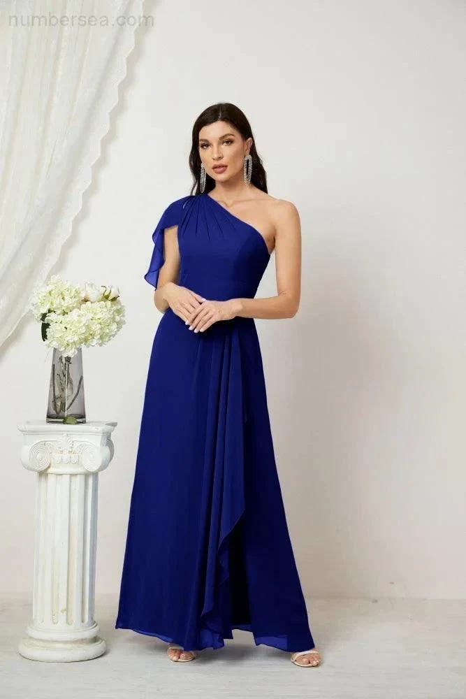 ZapDress Chiffon Ruffled One Shoulder Long Bridesmaid Dresses A-line Formal Evening Gown Side Split 2809 (ZD17049)