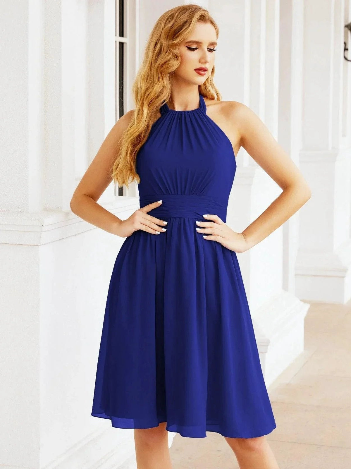 ZapDress Halter Chiffon Bridesmaid Dresses Short Sleeveless Formal Party Dress Open Back 28023 (ZD16957)