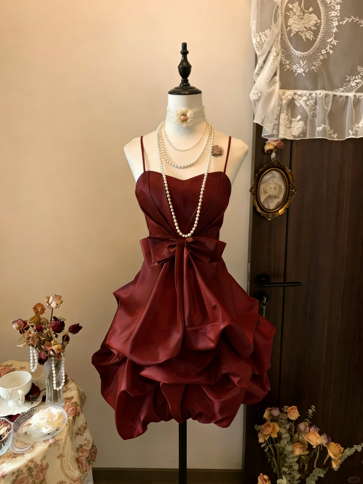 Vintage Yellow Spaghetti Straps Satin Pleated Short Prom Dress Formal Graduation Homecoming Dress - View 4 | VelvetHem