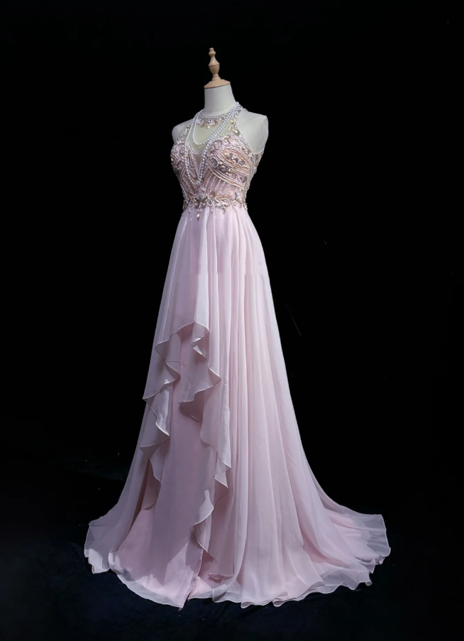 Classy Halter Chiffon Beaded Mermaid Formal Wedding Guest Dress Pink Long Evening Dress Party Dress - View 2 | VelvetHem