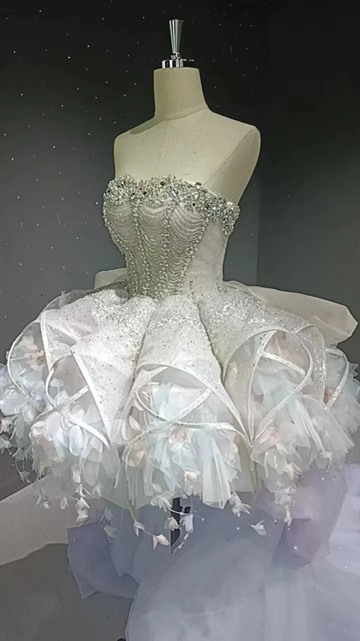 Starry veil feather crystal embellished flower bud dress (ZD16771) - VelvetHem