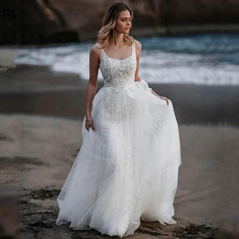 Sleeveless Appliques A-Line Bridal Gowns Backless Square Collar Wedding Dresses Spagehtti Straps Tulle Vestido De Novia (ZD13411) - VelvetHem