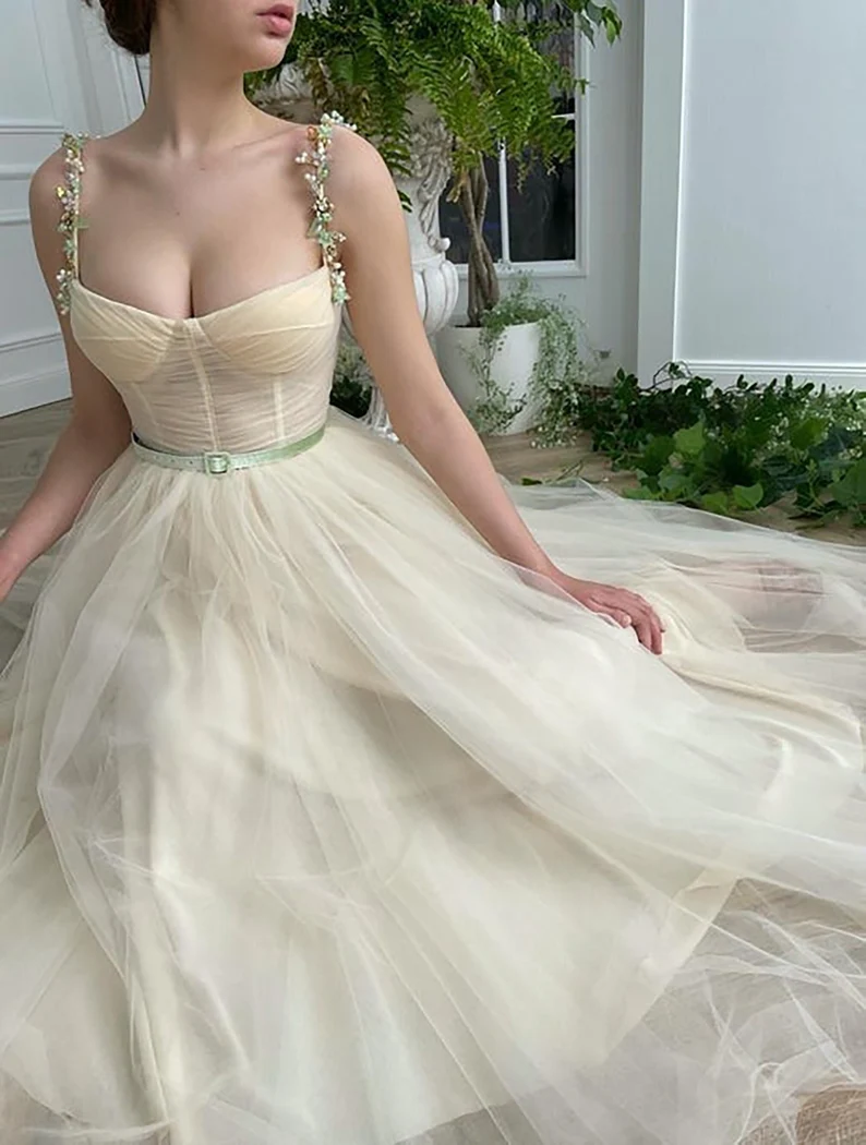 Beige Fairy Tulle Prom Dress Beads Straps Fairy Prom Gown, Handmade Tea-length A-Line Tulle Ball Gown Wedding Dress - VelvetHem
