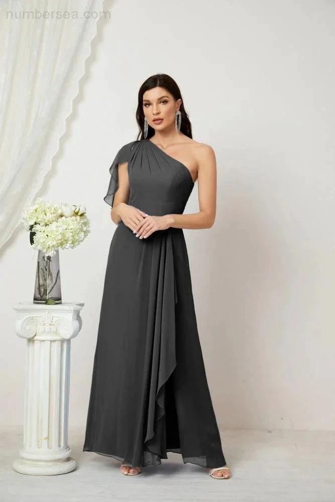 ZapDress Chiffon Ruffled One Shoulder Long Bridesmaid Dresses A-line Formal Evening Gown Side Split 2809 (ZD17049)