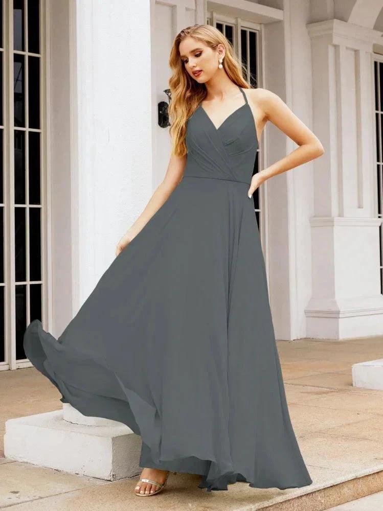 Numbersea Halter Chiffon Bridesmaid Dresses Wedding Appare Sleeveless Formal Prom Dress with Ruffled Back 28035 by numbersea