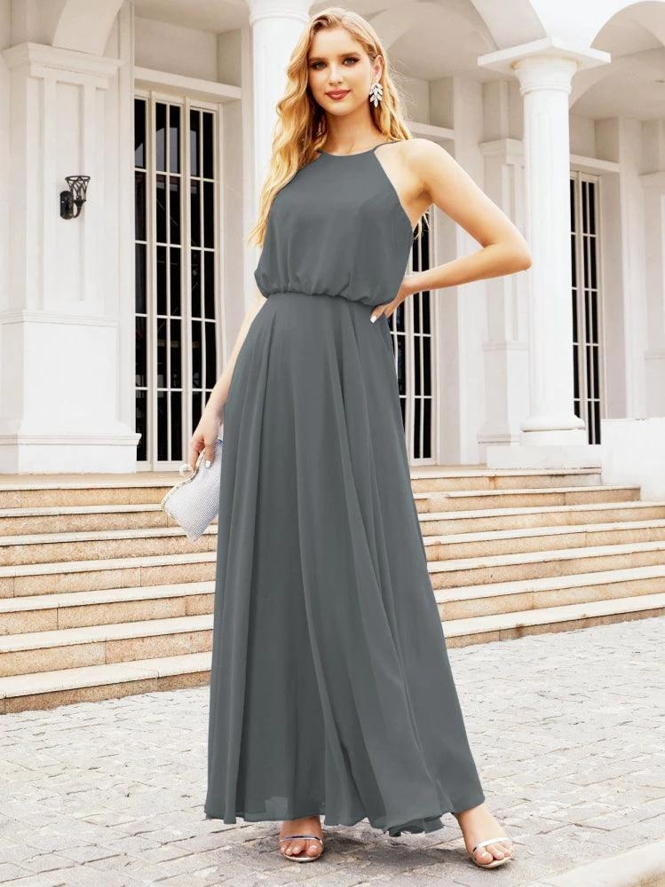 Numbersea Halter Long Bridesmaid Dresses Formal A line Juniors Dress 28029 by numbersea