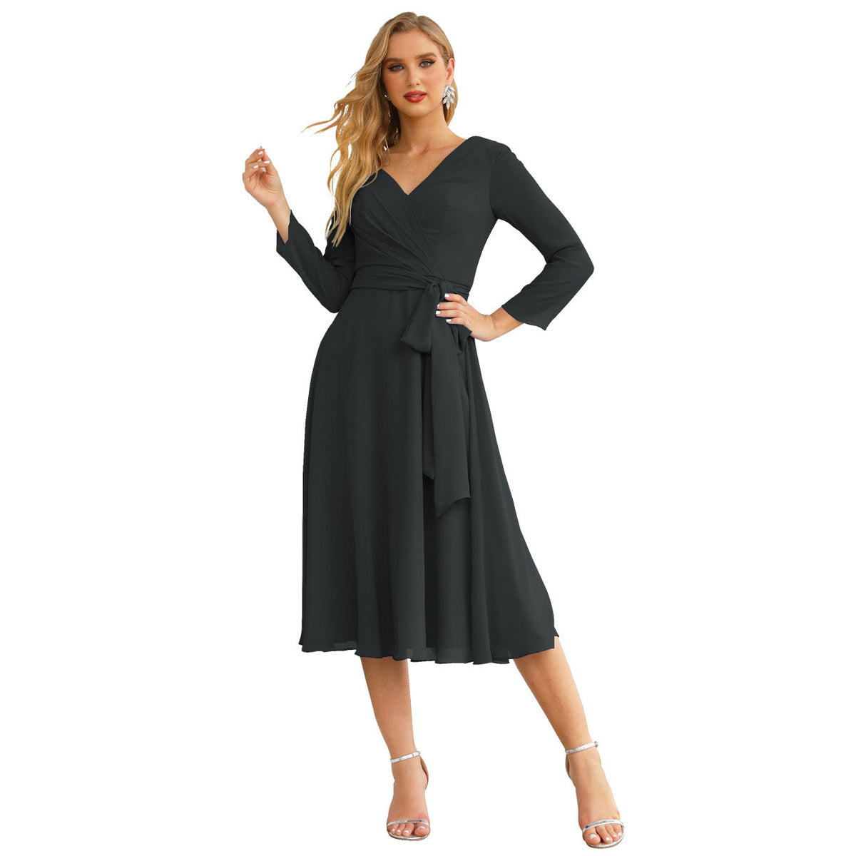 Sunnderly Chiffon Bridesmaid Dress V-Back Waist Belt Formal Prom Gown Mother of The Bride Wedding Guest