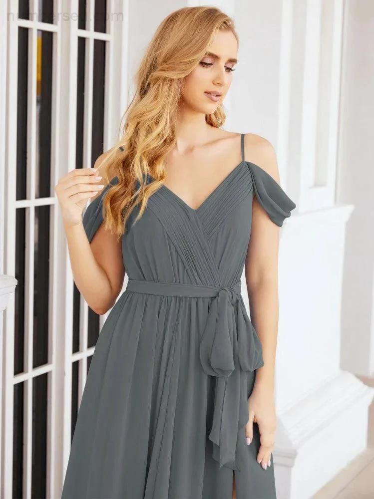 ZapDress Off The Shoulder Chiffon Bridesmaid Dress Long Formal Graduation Gown with Cowl Back 28069 (ZD17004)