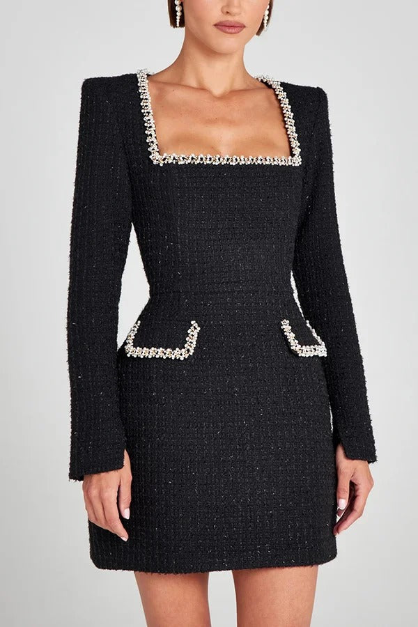 Lexi Timeless Girly and Mini Dress in Tweed Fabric with Beaded Trim, Long Slit Sleeves and Pockets Boutique Collection