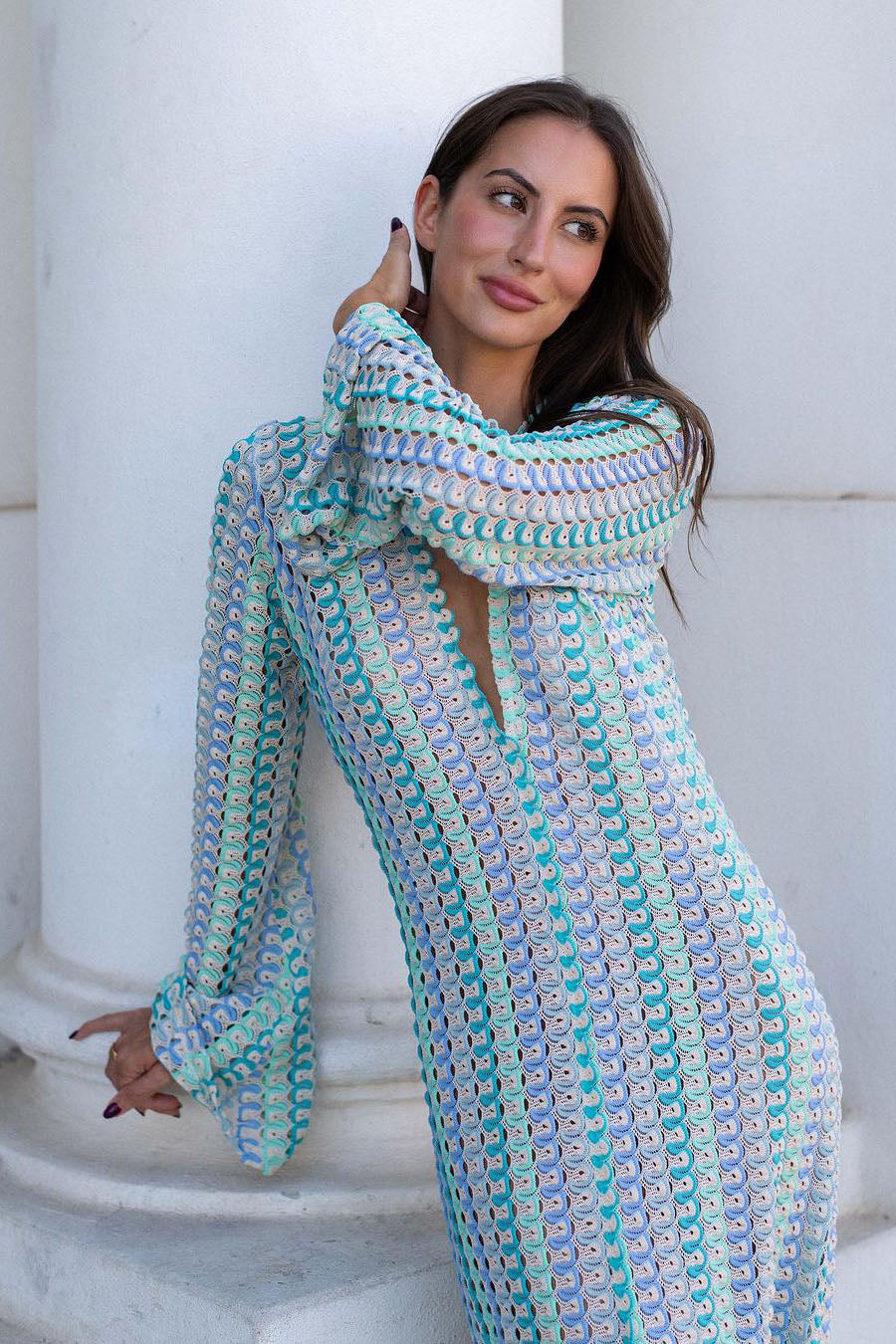 Pilar Chic Boho V Neck Bell Sleeve Maxi Dress, Wavy Striped Crochet Beach Holiday Dress Evening Wear Edit