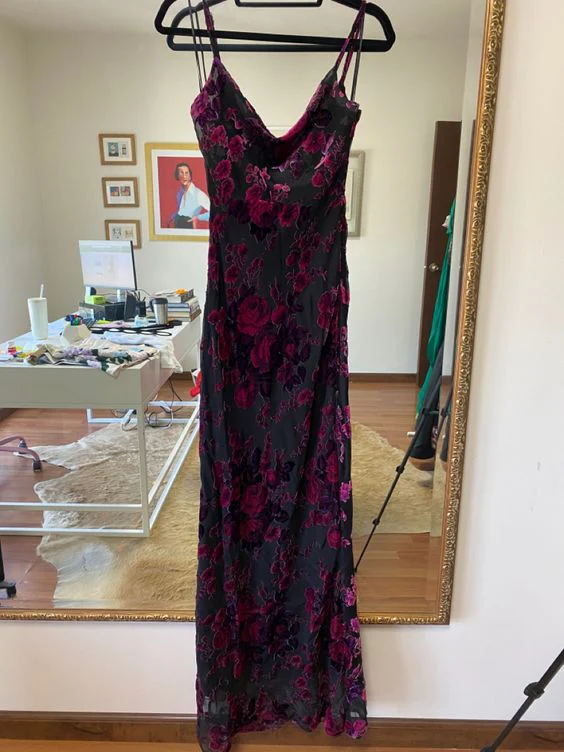 Vintage Spaghetti Straps Sheath Long Prom Dress Print Floral Party Evening Dress - VelvetHem