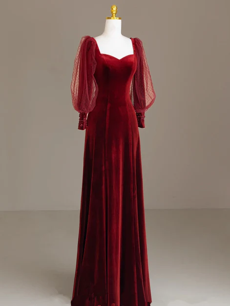 Elegant Burgundy Velvet Long Prom Dress, Puffy Sleeves Wedding Party Dress - VelvetHem
