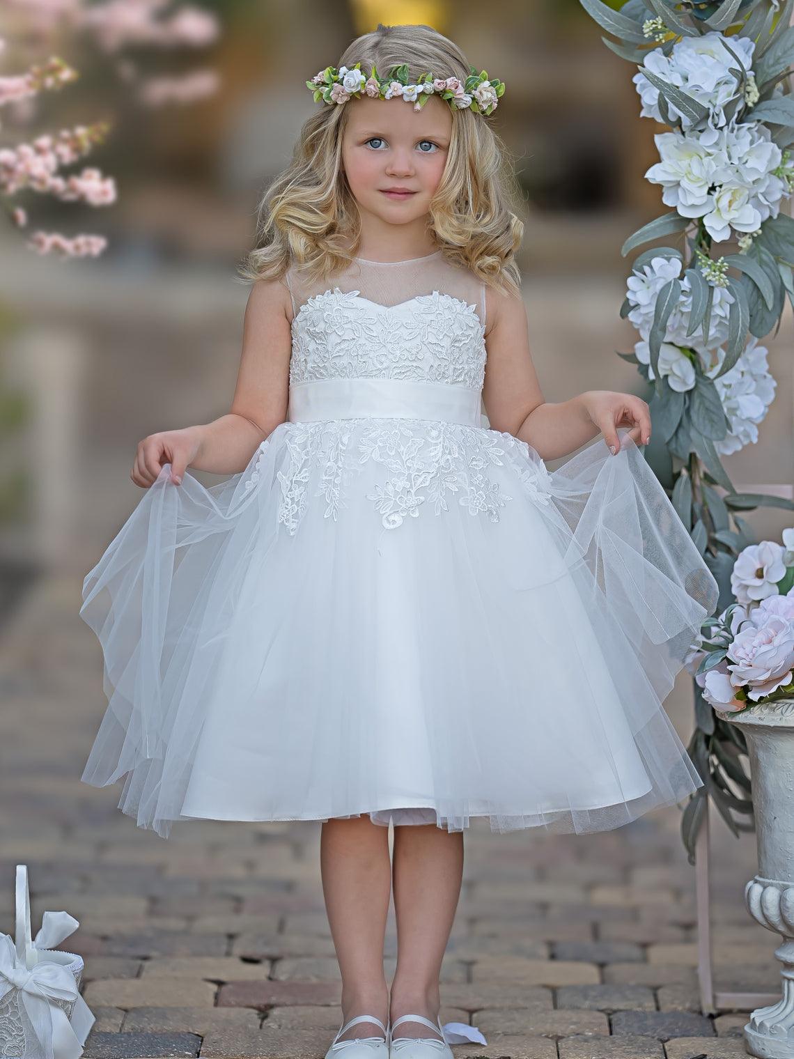Lace Tulle Knee-length First Communion Flower Girl Dress - VelvetHem